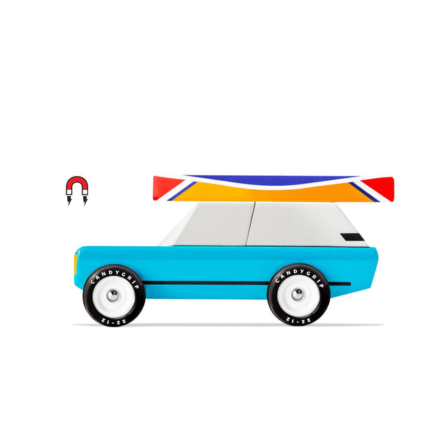 Colorful toy car with magnetic attachment on a white background
