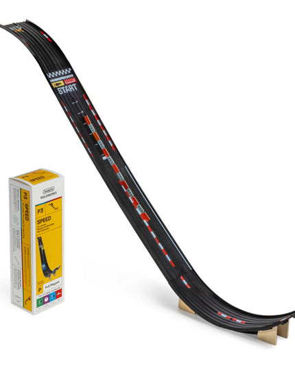 Model race track with a box labeled 'Speed' on a white background