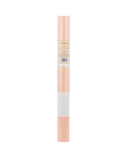 Roll of pink paper with a white label on a white background