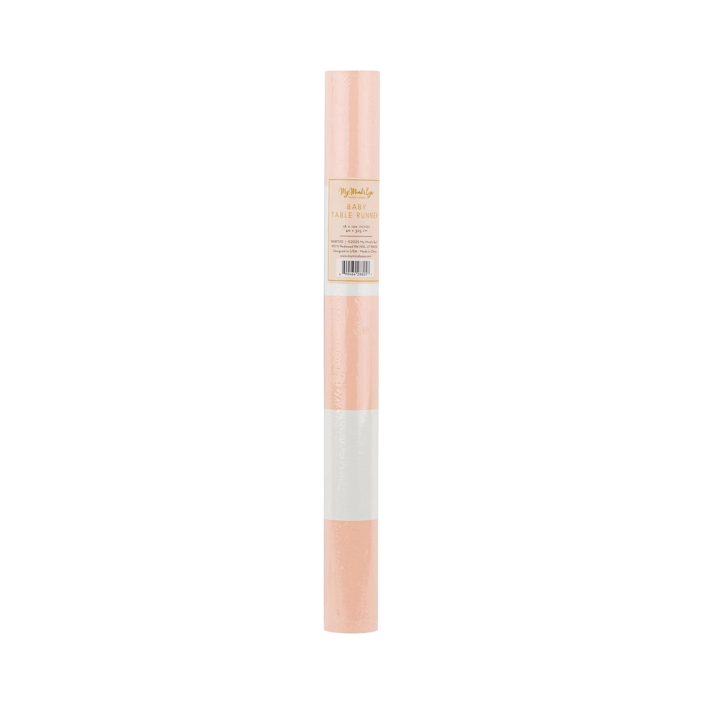 Roll of pink paper with a white label on a white background
