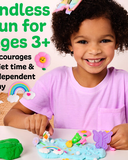 Child playing with colorful play dough at a table, with text about its benefits.
