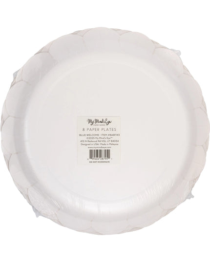 White paper plates in a cardboard holder with 'My Mind's Eye' branding on a white background.