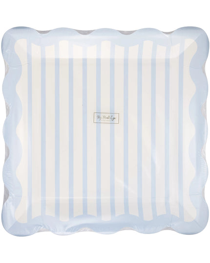 Rectangular paper plate with blue and white striped pattern on a white background