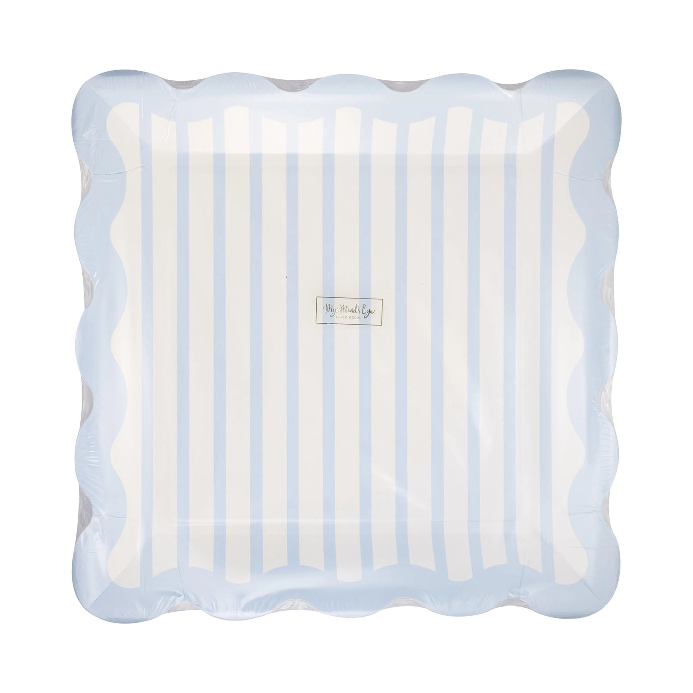 Rectangular paper plate with blue and white striped pattern on a white background