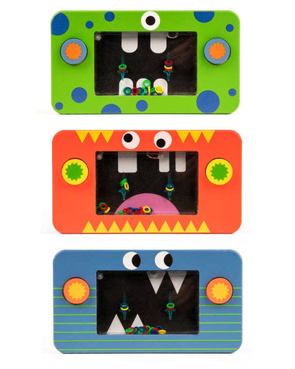 Three colorful toy screens with cartoonish designs on a white background