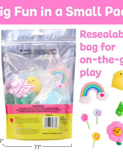 Packaged product with colorful items and resellable bag feature on a pink background