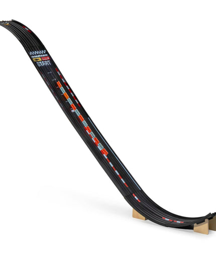 Toy race track with a curved section on a white background