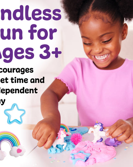 Child playing with colorful play dough on a table, with text about endless fun for ages 3+.