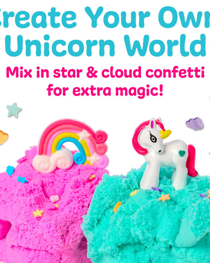 Unicorn toy with pink and blue sand on a white background with text 'Create Your Own Unicorn World'.