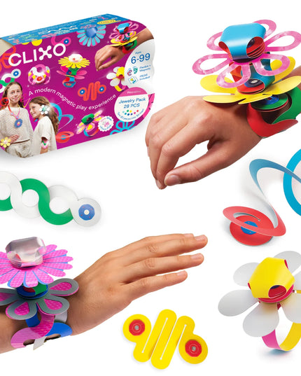 Colorful Clixo magnetic bracelet set with packaging and hands wearing the bracelets on a white background.