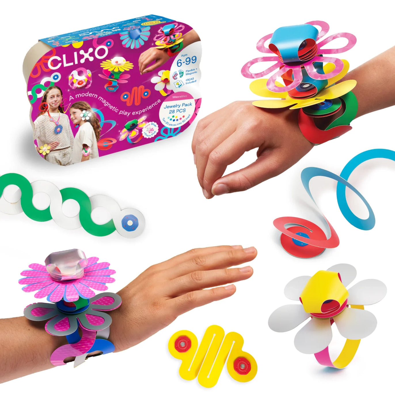 Colorful Clixo magnetic bracelet set with packaging and hands wearing the bracelets on a white background.