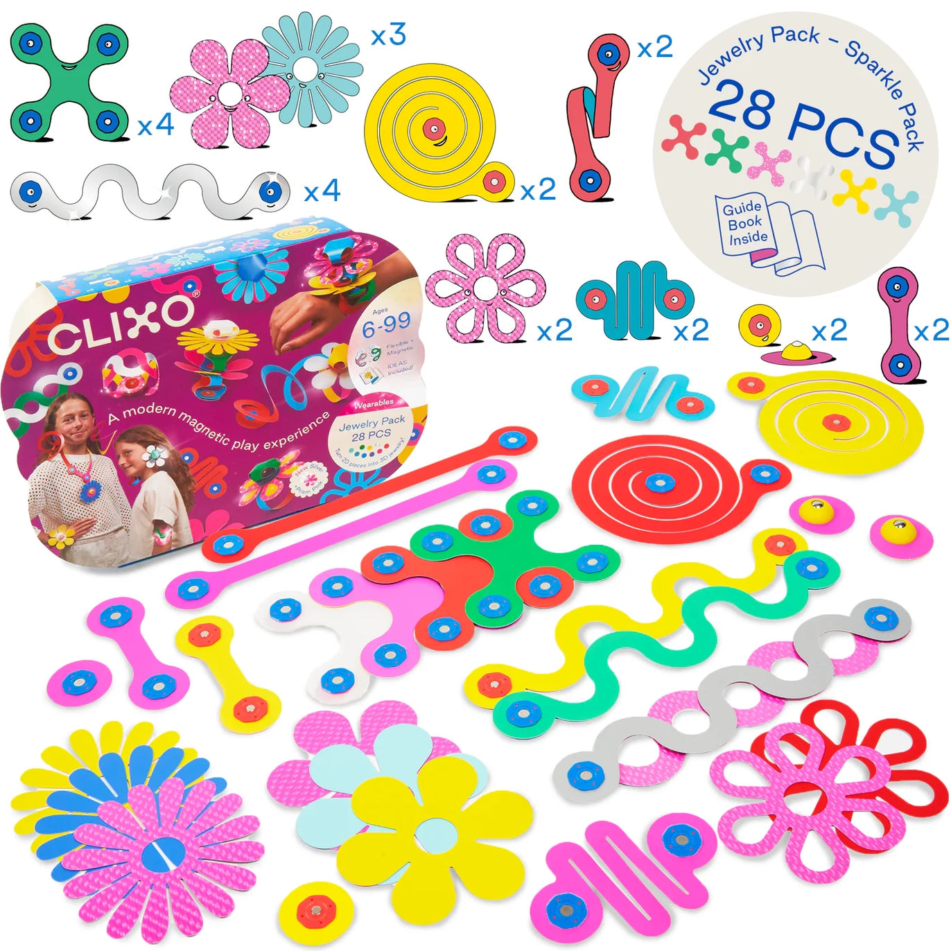 Colorful Clixo kit with various components and packaging on a white background
