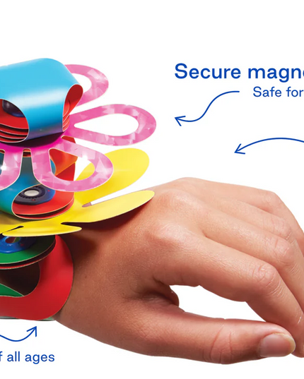Colorful magnetic bracelet on a hand with product features highlighted
