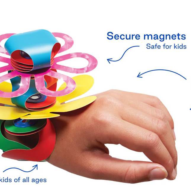 Colorful magnetic bracelet on a hand with product features highlighted
