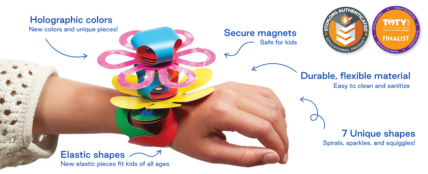 Colorful magnetic bracelet on a hand with product features highlighted