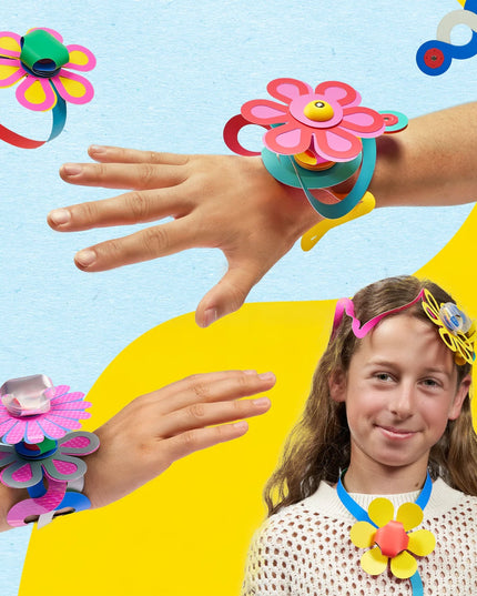 Children wearing colorful Clixo flower-shaped headbands and bracelets against a bright background