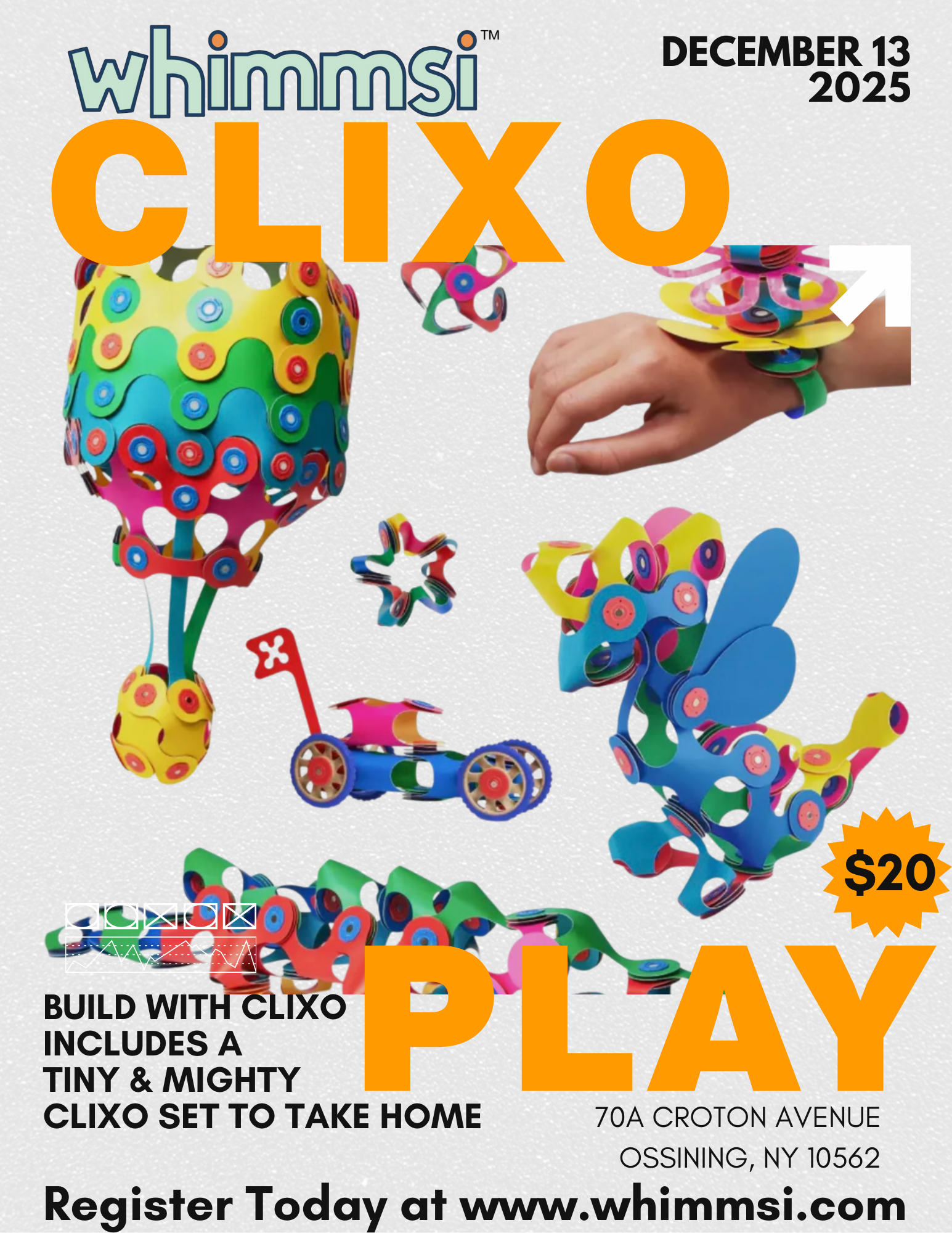 Promotional image of colorful toys and a wristband with 'whimmsi CLIXO' branding.
