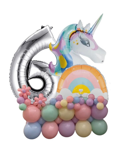 Pastel-colored balloon arrangement with a unicorn and number 6 on a white background