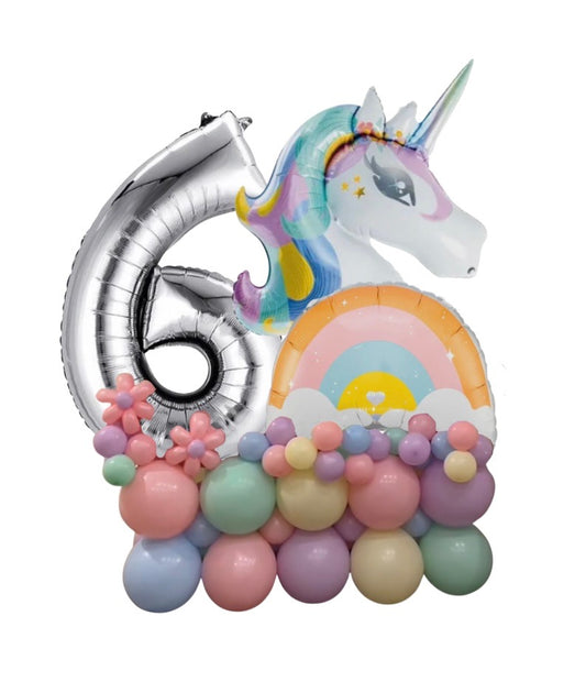 Pastel-colored balloon arrangement with a unicorn and number 6 on a white background