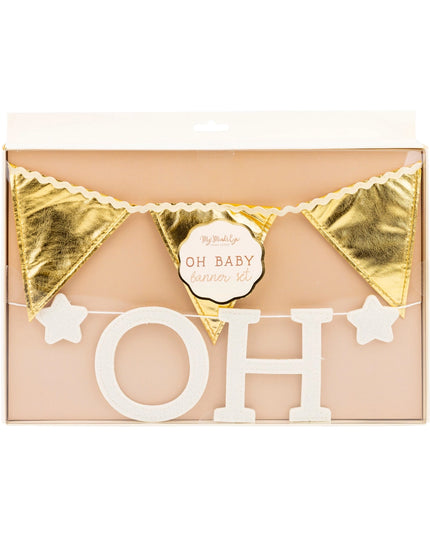 Decorative box with gold triangles and 'OH BABY' text on a white background