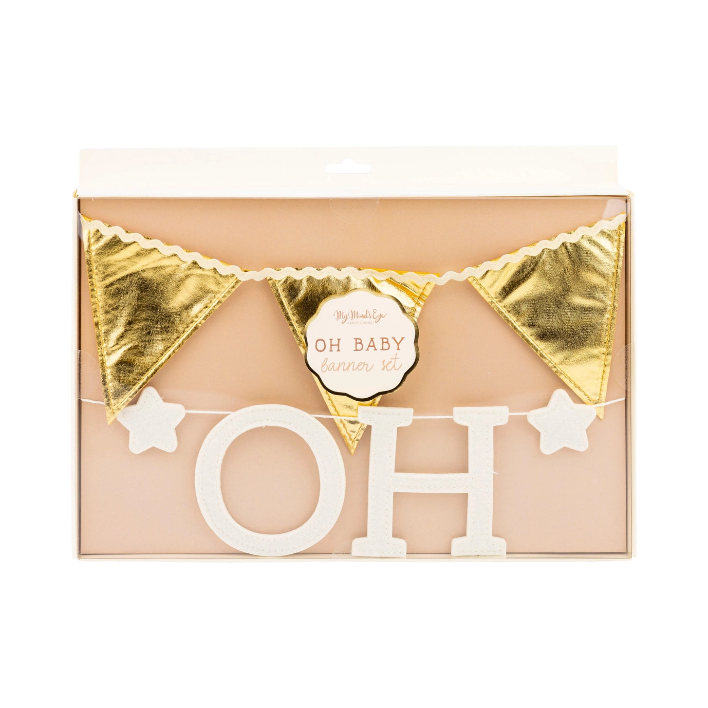 Decorative box with gold triangles and 'OH BABY' text on a white background