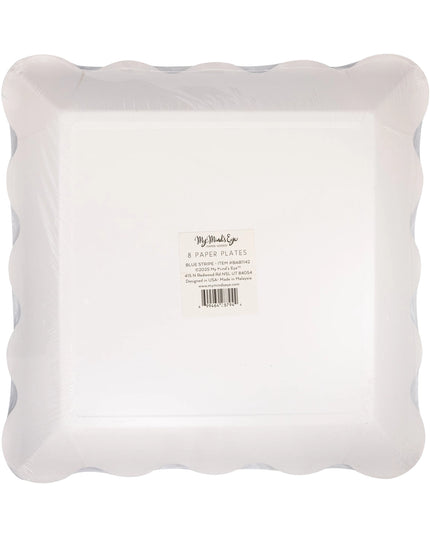 White paper plates with a brand label on a white background
