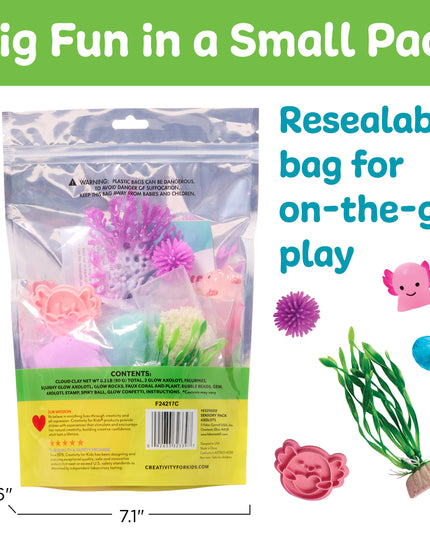Packaged toy set with resellable bag, including sea creatures and plants, on a white background.