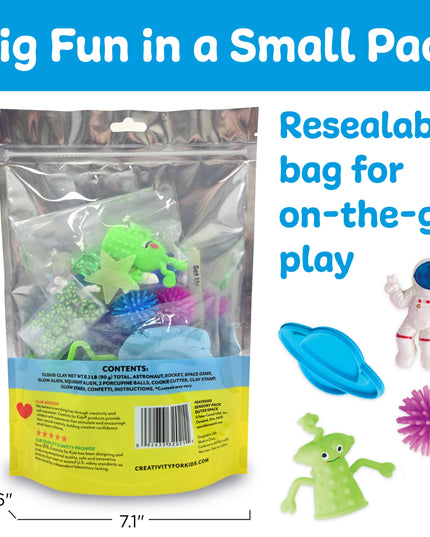 Packaged toy set with resealable bag, featuring various toys and text about on-the-go play.