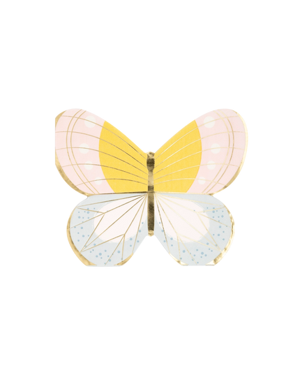 Butterfly-shaped plates with yellow and pink wings on a white background