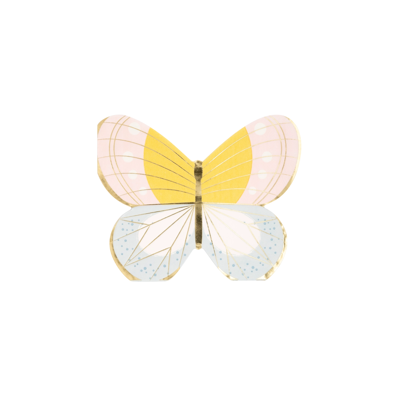 Butterfly-shaped plates with yellow and pink wings on a white background