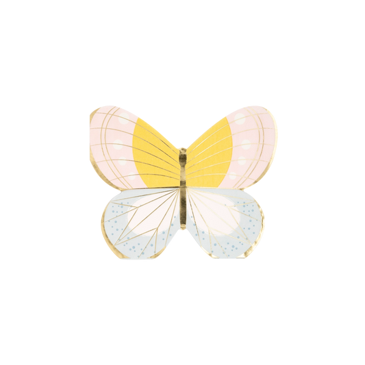 Butterfly-shaped plates with yellow and pink wings on a white background