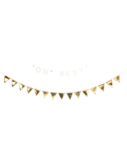 Gold triangle banner with 'OH BABY' text on a white background