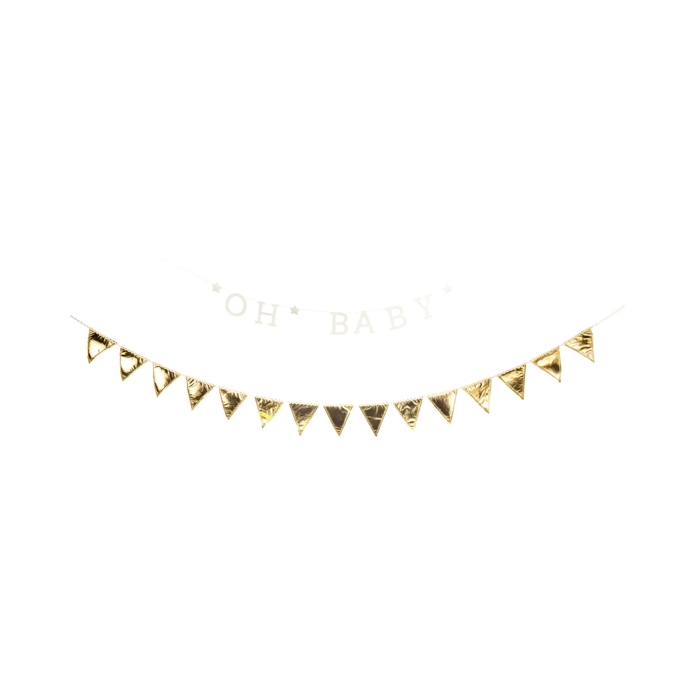 Gold triangle banner with 'OH BABY' text on a white background