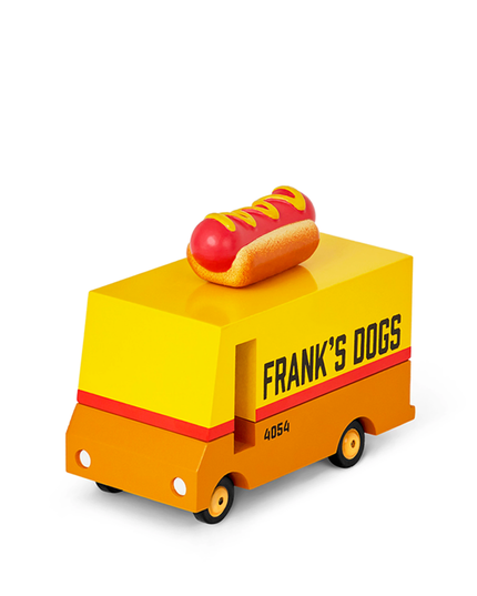 Toy hot dog cart with a hot dog on top, branded 'Frank's Dogs', on a white background