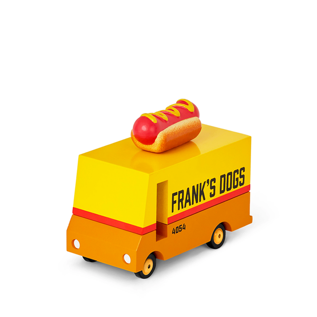 Toy hot dog cart with a hot dog on top, branded 'Frank's Dogs', on a white background