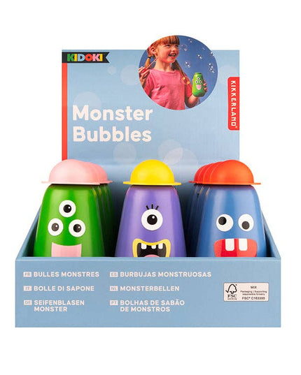 Box of KIDOKI Monster Bubbles with colorful bottles on a white background