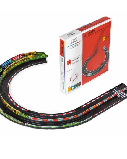 Model train track set with a box on a white background