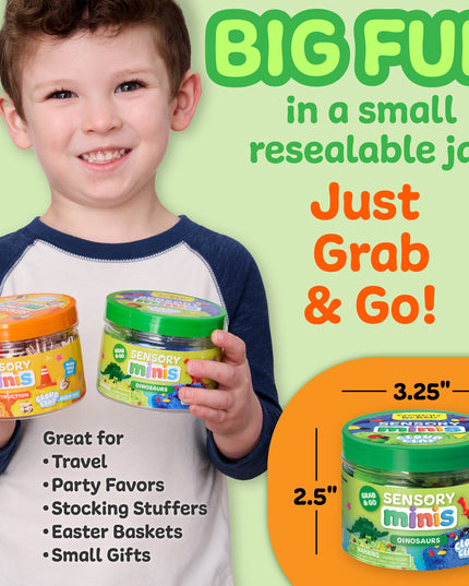 Child holding two sensory mini jars with promotional text on a green background