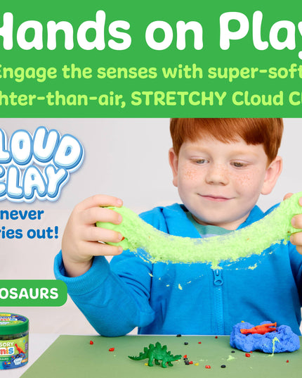 Child playing with green Cloud Clay, a product by Cloud Clay, on a white background.