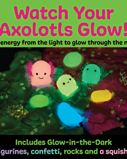 Glow-in-the-dark axolotl figurines with text on a green background