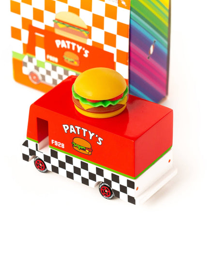 Model of a fast food truck with a hamburger on top, branded 'Patty's', against a white background.
