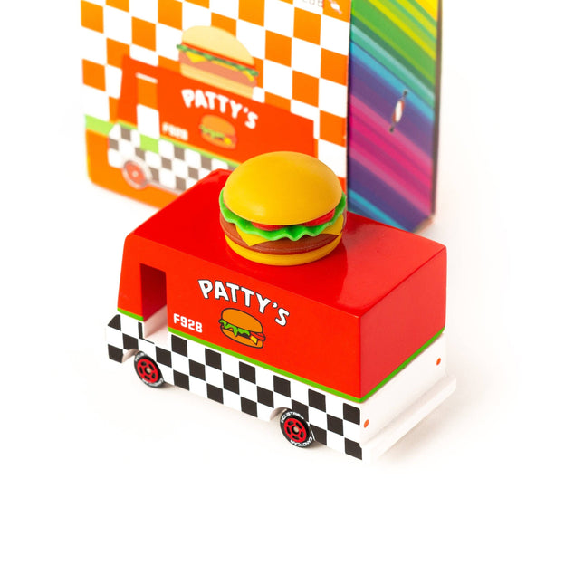Model of a fast food truck with a hamburger on top, branded 'Patty's', against a white background.