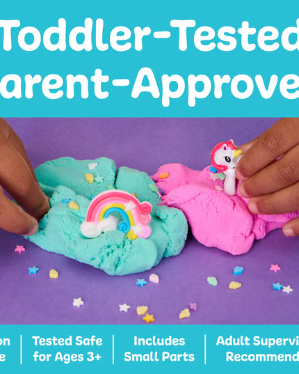 Children playing with colorful play dough on a purple surface, with text indicating safety and supervision.