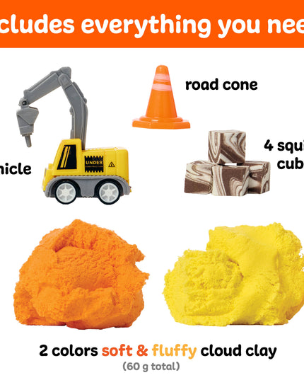 Construction-themed toy set with vehicle, road cone, squishy cubes, and cloud clay on a white background.