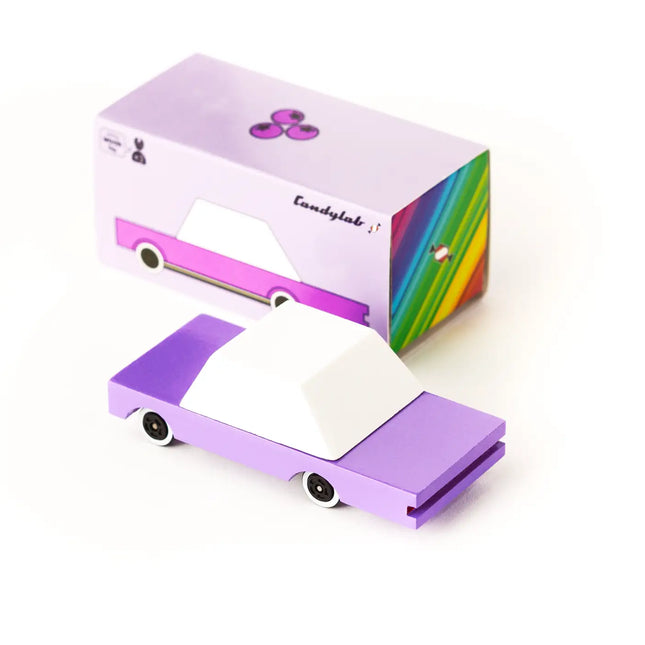 Purple candy bar wrapper with a rainbow design on a white background