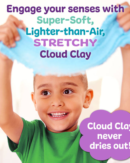 Child playing with stretchy blue cloud clay against a white background