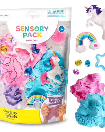 Sensory pack with unicorn-themed items including cloud clay and toys, branded as Creativity for Kids.