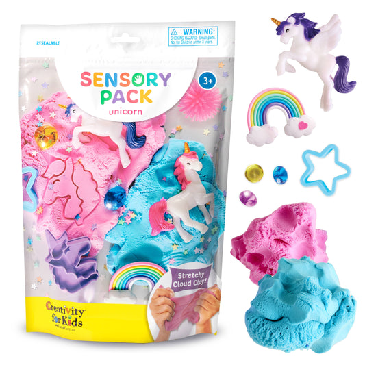 Sensory pack with unicorn-themed items including cloud clay and toys, branded as Creativity for Kids.