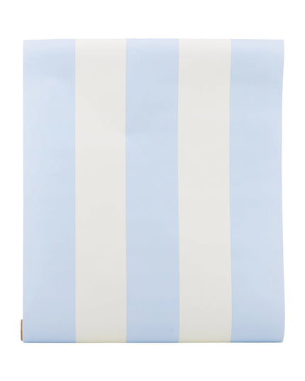 Folded table rumer with blue and beige striped cover on a white background