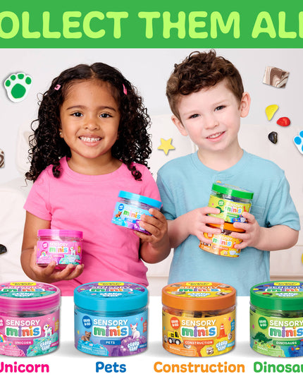 Two children holding sensory mini containers with colorful lids, surrounded by more containers on a white background.